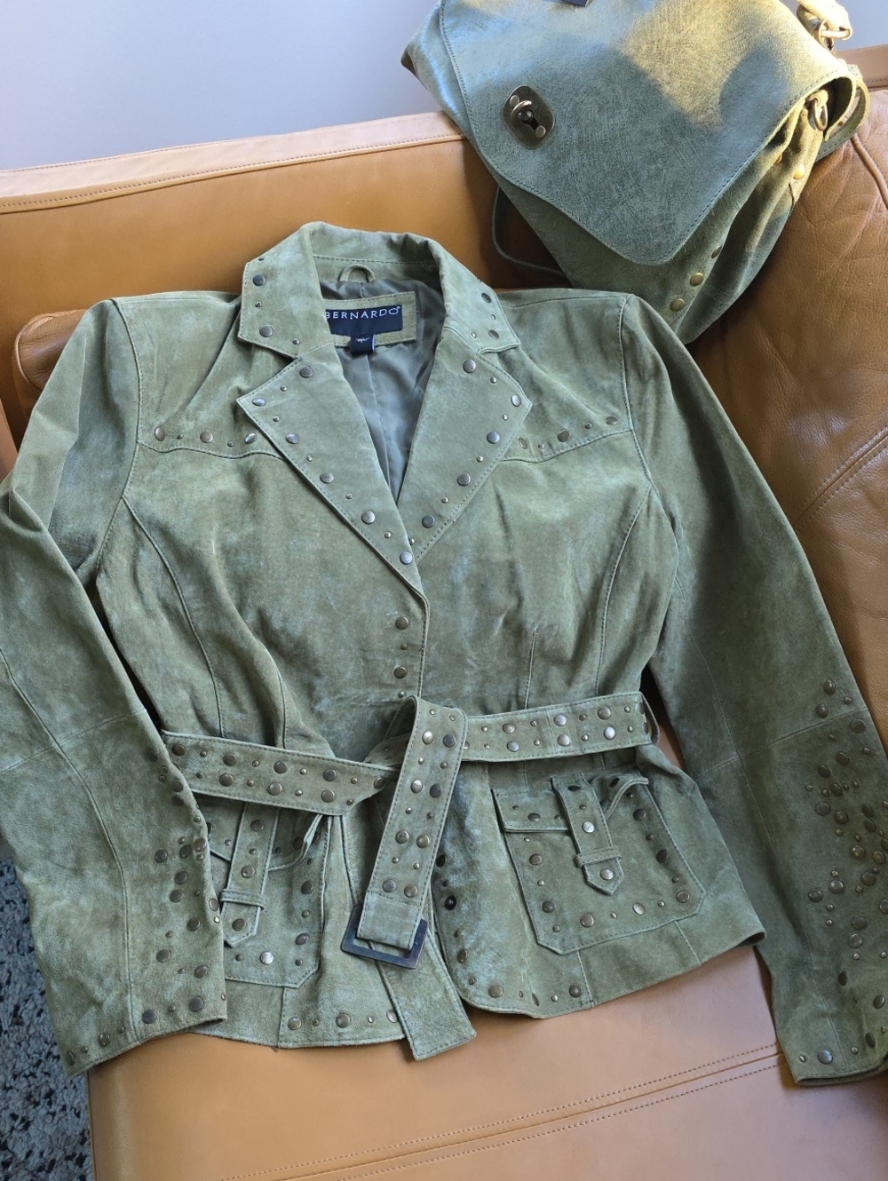 Bernardo Olive Suede Studded Belted Jacket